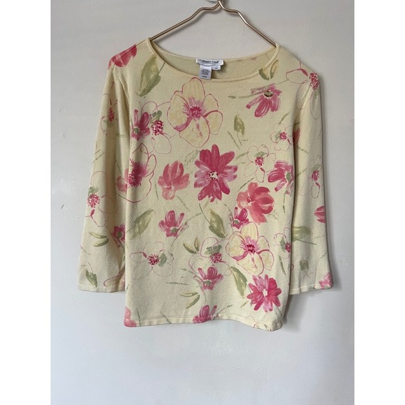 Coldwater Creek Sweaters - Coldwater Creek Floral Knit Sweater Top Yellow Pink 3/4 Sleeve Cottagecore  M